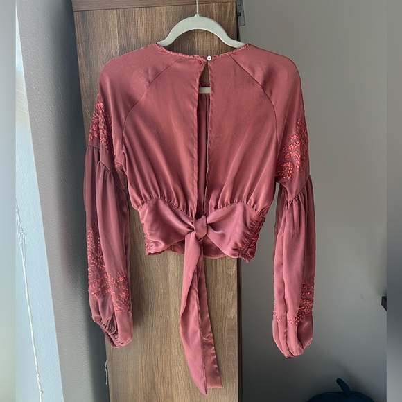 Free People Pinky Orange Long Sleeve Crop Blouse with Tie Back - Picture 2 of 6